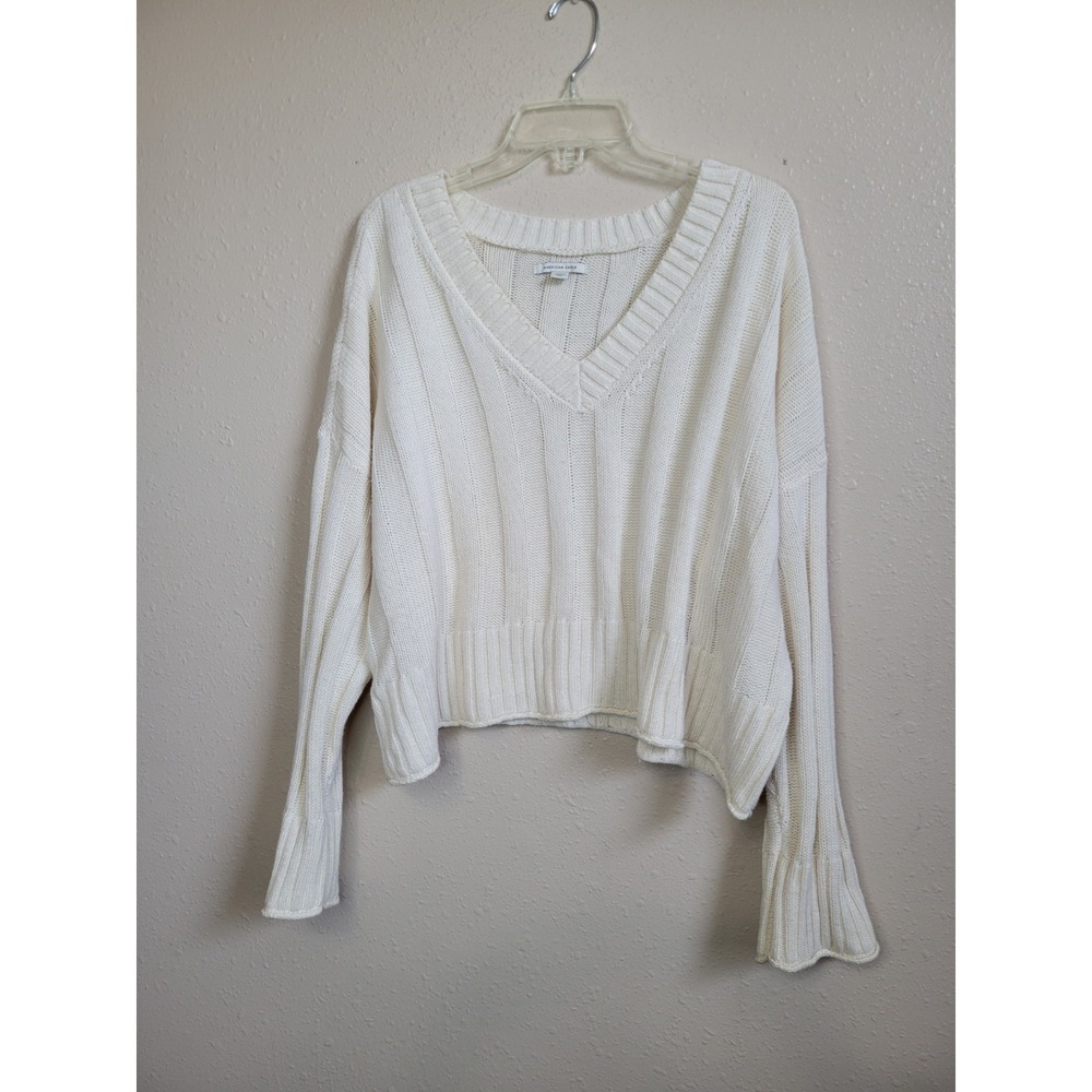 American Eagle Cable Knit V-Neck Cropped Sweater Pullover Oversize Beige Sz‎ M